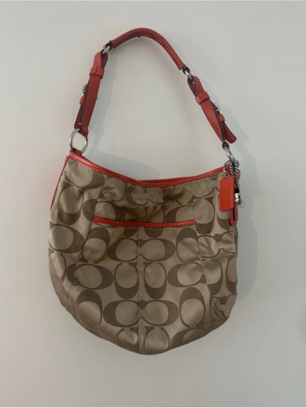 Like NEW Coach Signature Hobo Bag in Khaki with Coral Trim